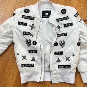 White Bomber Jacket with Black Patches